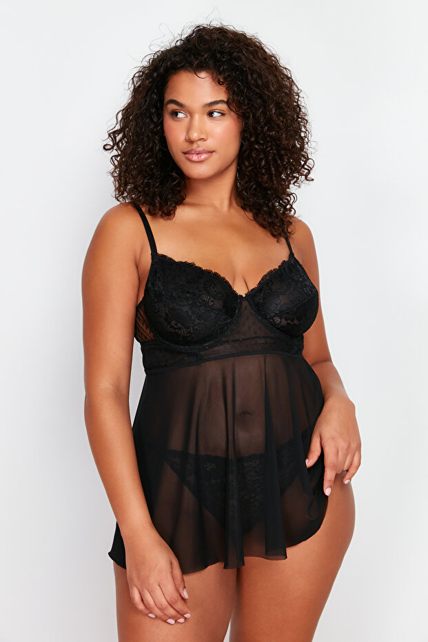 Siyah Yüksek Bel Dantelli Balenli Ayarlanabilir Babydoll&Tanga Takım TBBSS24DH00001 - 1