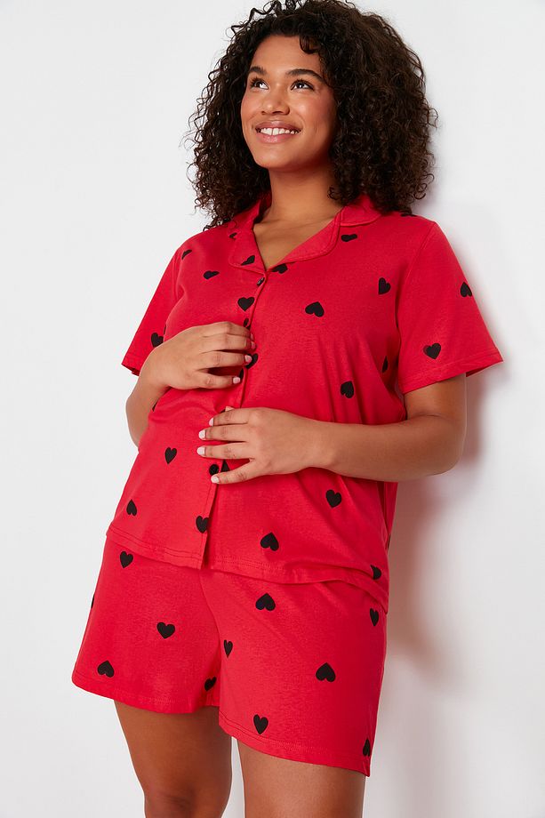 Kırmızı Kalp Desenli Şortlu Gömlek Yaka Örme Pijama Takımı TBBSS24AI00026 - 3