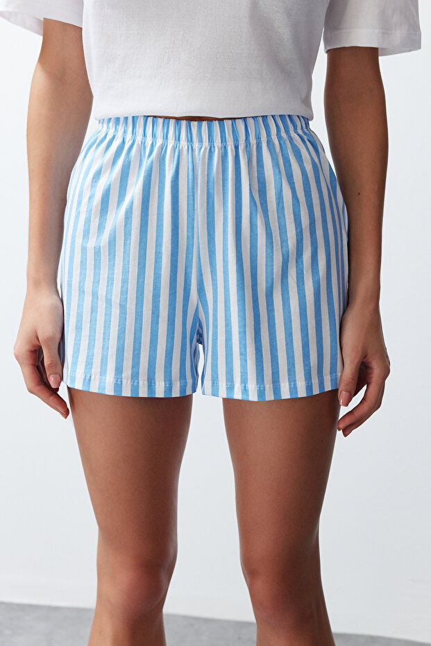Kadın Couple/Çift Beyaz %100 Pamuklu Ayıcıklı Çizgili Şortlu Örme Pijama Takımı THMSS24PT00175 - 6