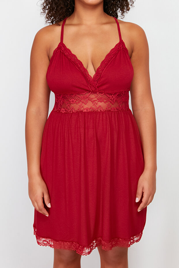 Bordo Dantel ve Sırt Detaylı Örme Gecelik TBBSS24CH00017 - 4