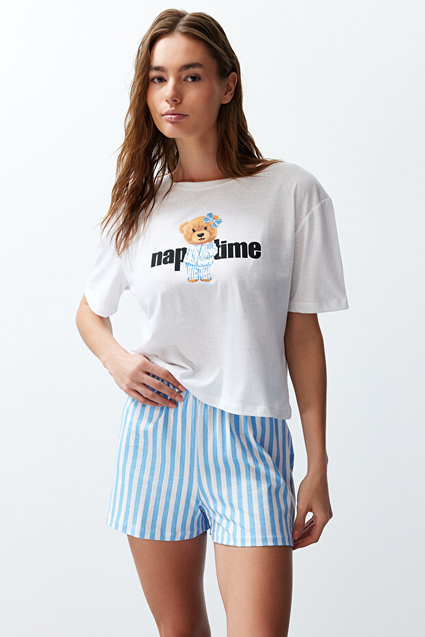 Kadın Couple/Çift Beyaz %100 Pamuklu Ayıcıklı Çizgili Şortlu Örme Pijama Takımı THMSS24PT00175 - 2