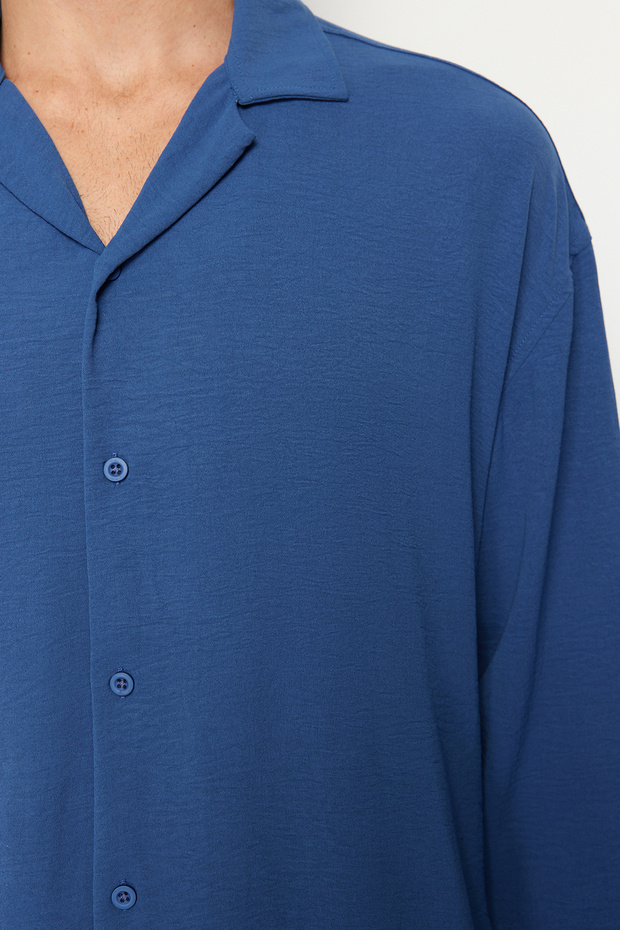 Indigo Oversize Fit Apaş Yaka Yazlık Keten Görünümlü Gömlek TMNSS23GO00053 - 5