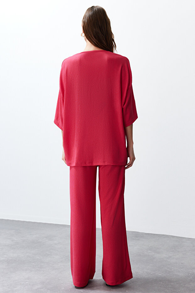 Pembe Relaxed/Rahat Kesim Örme Kimona Pantolon Alt-Üst Takım TWOSS24AU00091 - 6