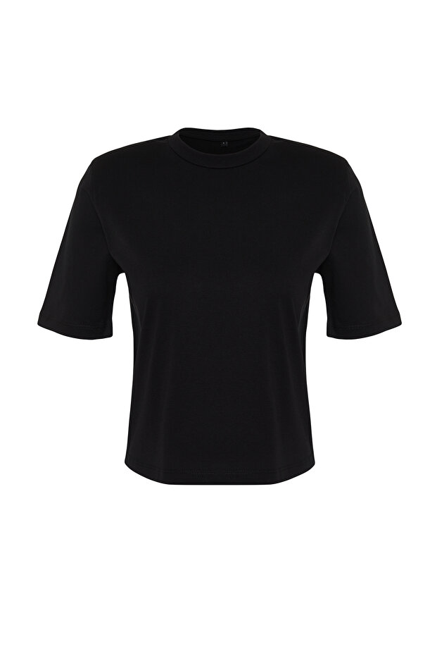 Siyah %100 Kalın Pamuklu Vatkalı Crop Örme T-Shirt TWOSS24TS00122 - 7
