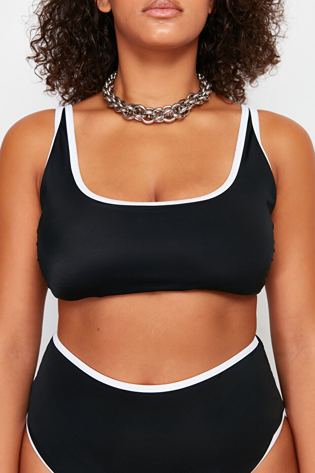 Siyah Kontrast Biye Detaylı Bralette Büyük Beden Bikini Üstü TBBSS24CT00008 - 4