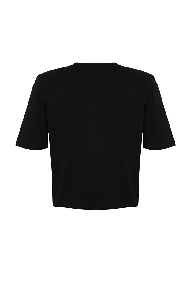 Siyah %100 Kalın Pamuklu Vatkalı Crop Örme T-Shirt TWOSS24TS00122 - 8