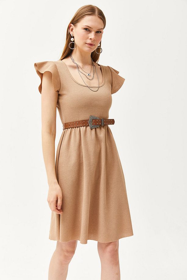 Kadın Camel U Yaka Kol Detaylı Kloş Elbise ELB-19002094 - 4
