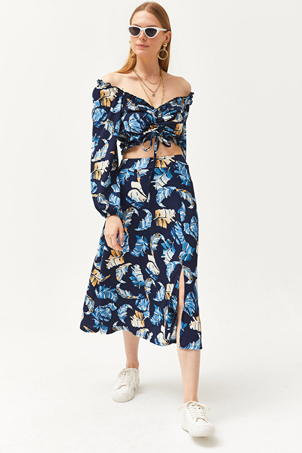 Women's Navy Blue Top Blouse Bottom Slit Skirt Set TKM-19000188