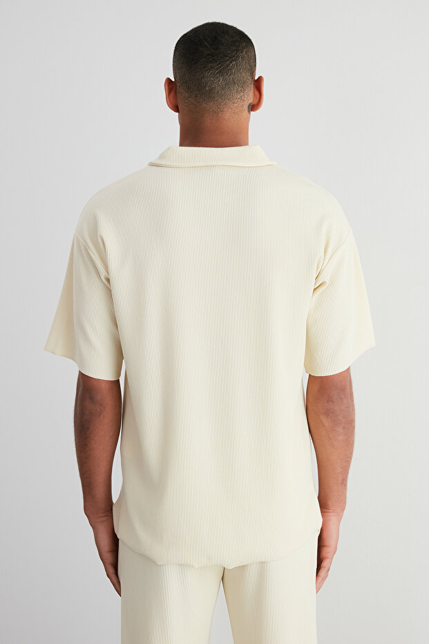 Ekru Oversize/Geniş Kesim Kırışmaz Ottoman Polo Yaka T-Shirt TMNSS23PO00020 - 6