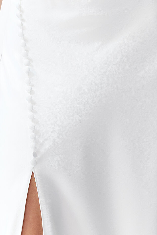 Bridal Beyaz Dokuma Saten Düğün/Nikah Uzun Gece Abiye Elbise TPRSS24AE00042 - 6