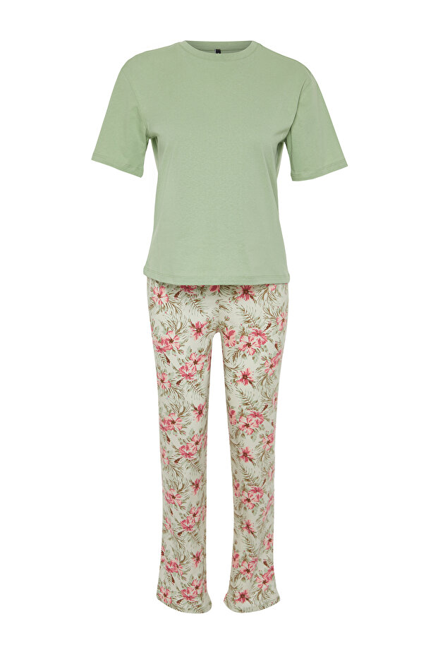 Yeşil %100 Pamuklu Çiçekli Örme Pijama Takımı THMSS24PT00230 - 7