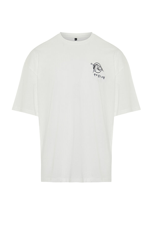 Ekru Oversize/Geniş Kesim Uzak Doğu Baskılı Kısa Kol %100 T-Shirt TMNSS23TS00170 - 6