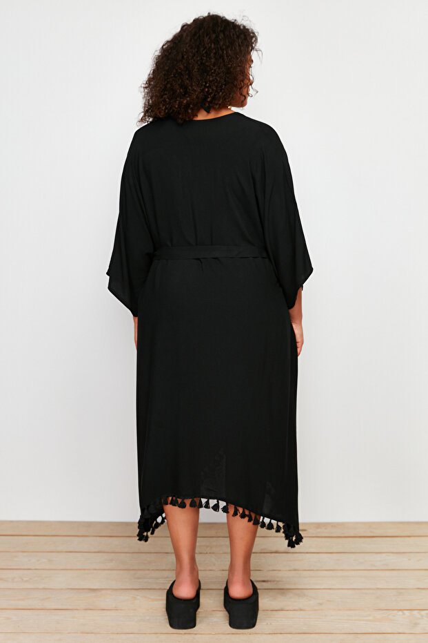 Siyah Etek Ucu Püsküllü Viskon Plaj Giyim Dokuma Büyük Beden Kimono&Kaftan TBBSS24DE00002 - 6
