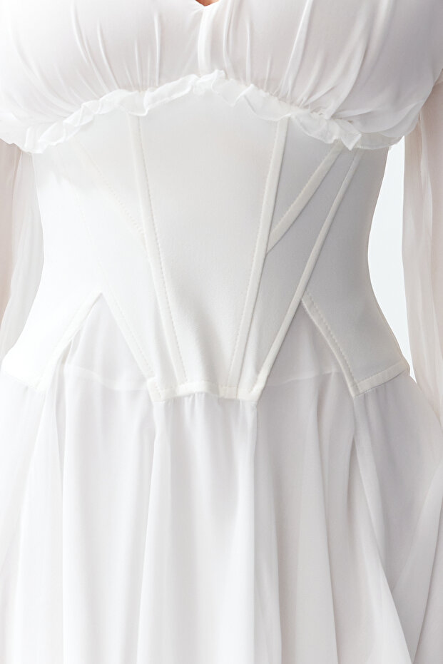 Bridal Beyaz A-Kesim Korse Detaylı Dokuma Kısa Şık Abiye Elbise TPRAW24EL00040 - 5