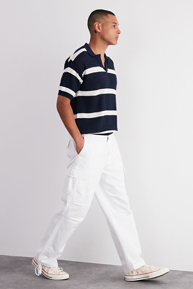 Beyaz Loose Fit Paçası Bağlamalı Kargo Pantolon TMNSS23PL00035 - 1