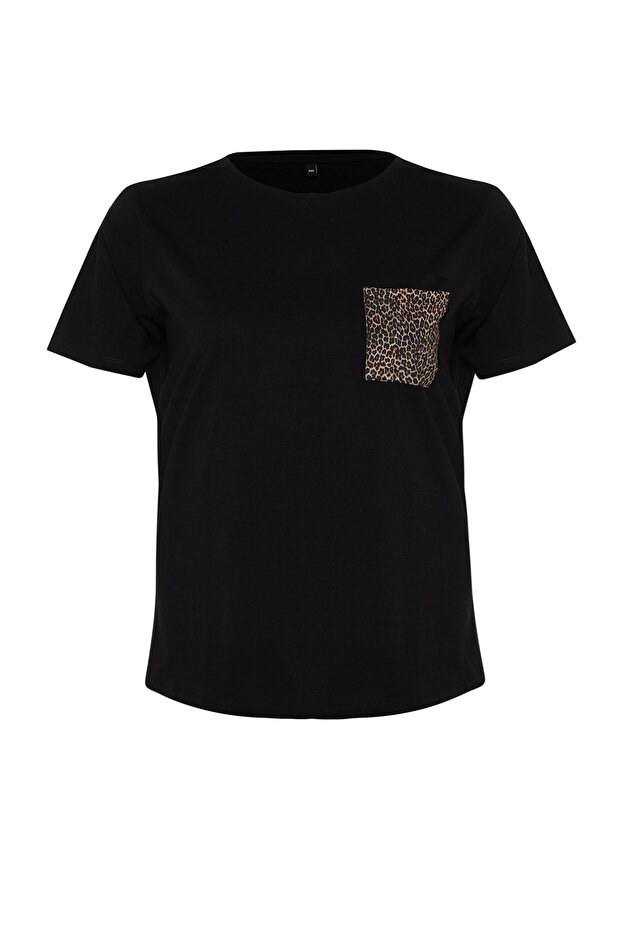 Siyah Oversize Animal Baskılı Cep etaylı %100 Pamuk Örme Büyük Beden T-shirt TBBSS24BF00059 - 7