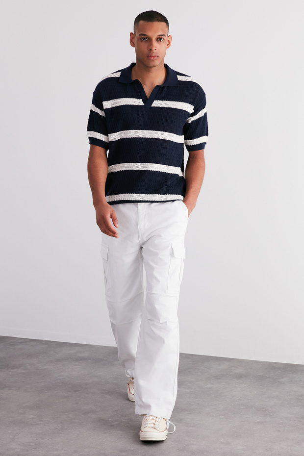 Lacivert Regular Fit Pamuklu Çizgili Kaçık Pat Triko Polo Yaka T-ShirtTMNSS24PO00004 - 2