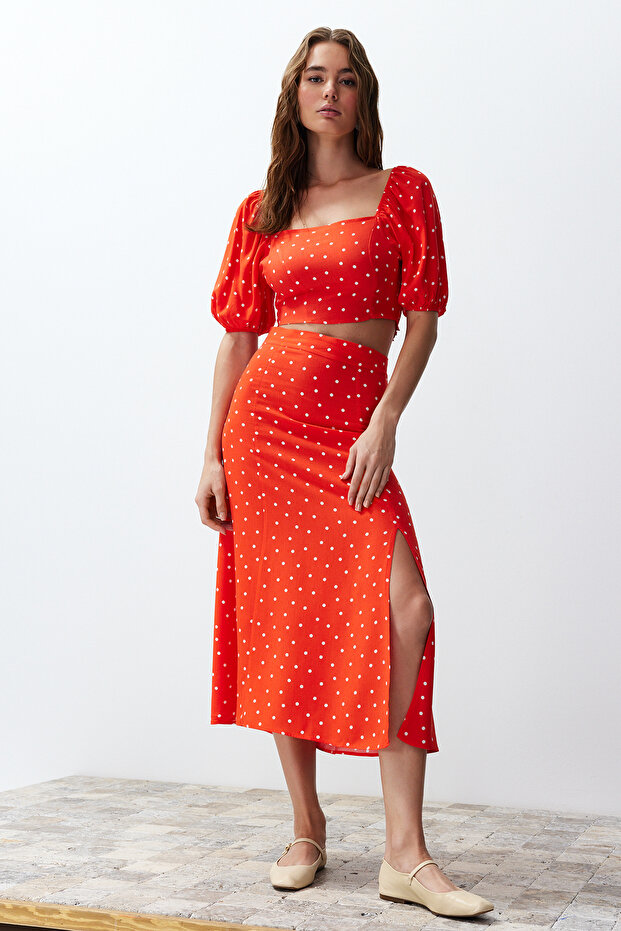 Tile Slit Midi Viscose Woven Polka Dot Blouse-Skirt Set Twoss20Au0097