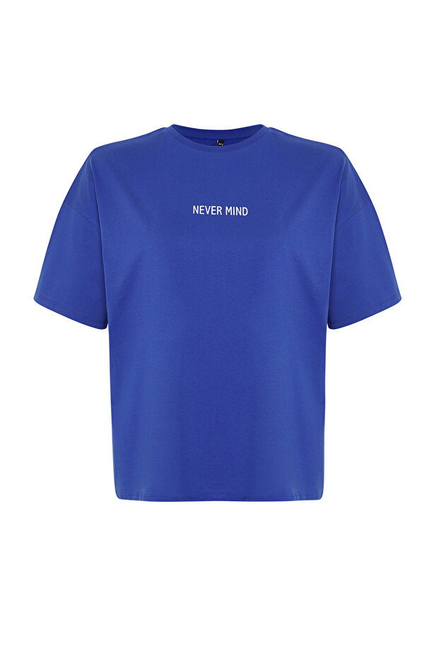 Saks Slogan Baskılı Oversize %100 Pamuk Örme Büyük Beden T-shirt TBBSS24BF00018 - 7