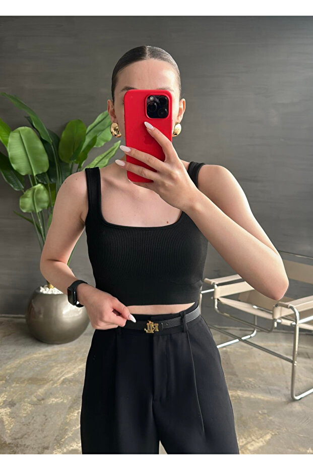 Women's Black Square Collar Corded Tank Top