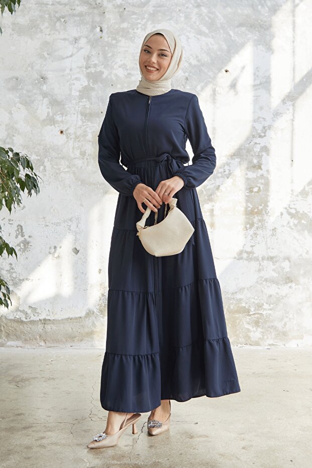 Belted Skirt Gathered Ferace - Navy Blue