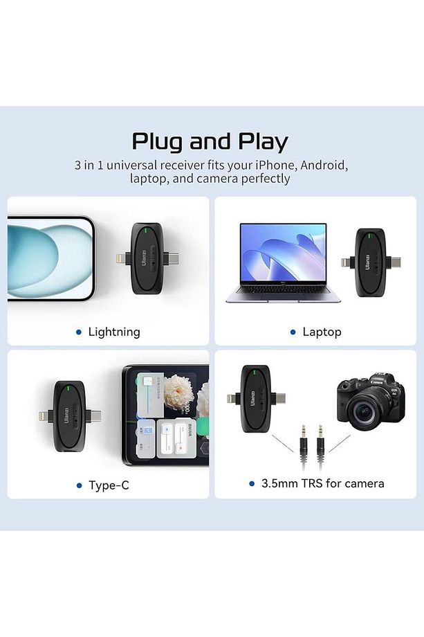 3in1 Alıcılı Çift Yaka Mikrofonu Yapay Zeka Gürültü Engelleyici 2.4Ghz USB-C Lightning Typce Giriş - 7