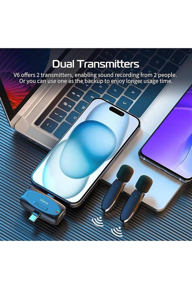 3in1 Alıcılı Çift Yaka Mikrofonu Yapay Zeka Gürültü Engelleyici 2.4Ghz USB-C Lightning Typce Giriş - 6
