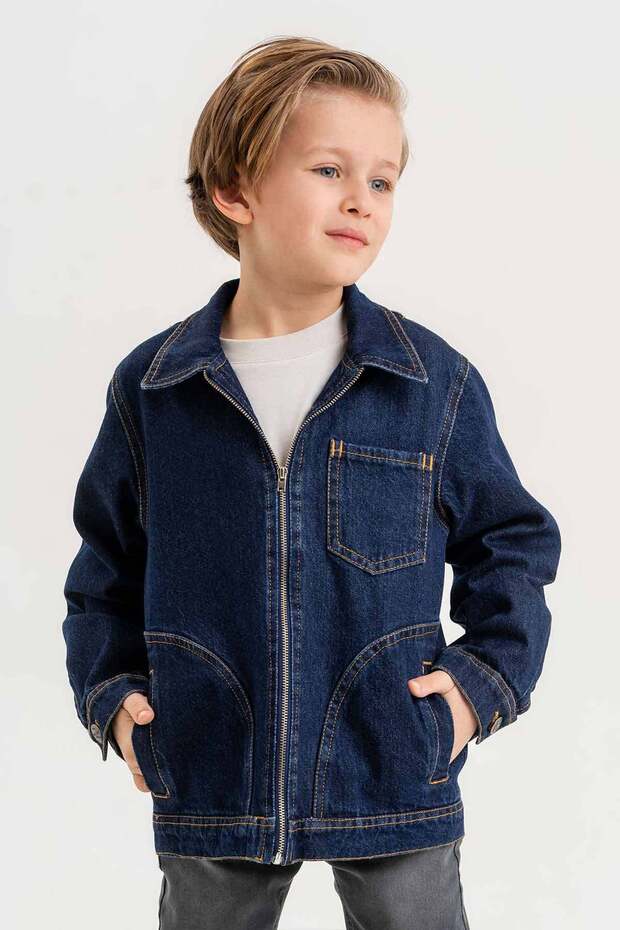 Zippered Double Pocket Single Chest Pocketed Boy's Jeans Jacket