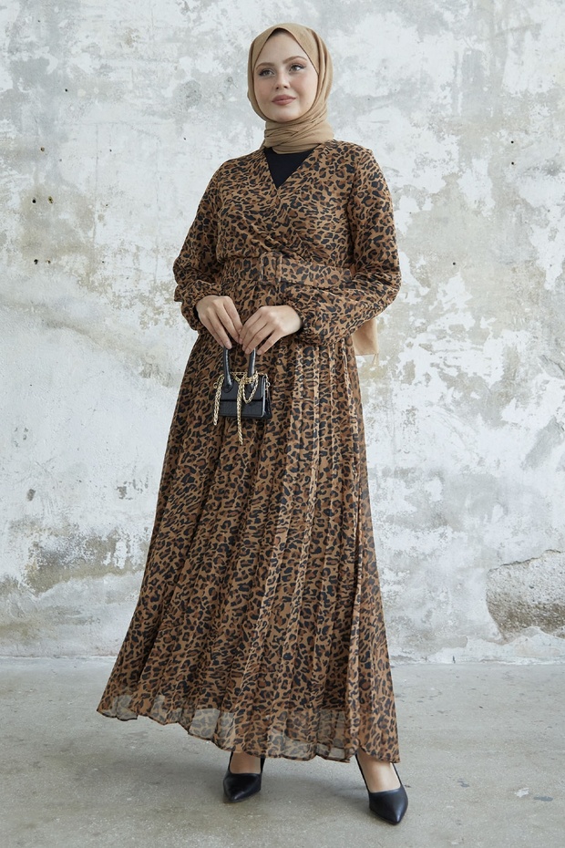 Patterned Double-breasted Collar Chiffon Dress - Brown