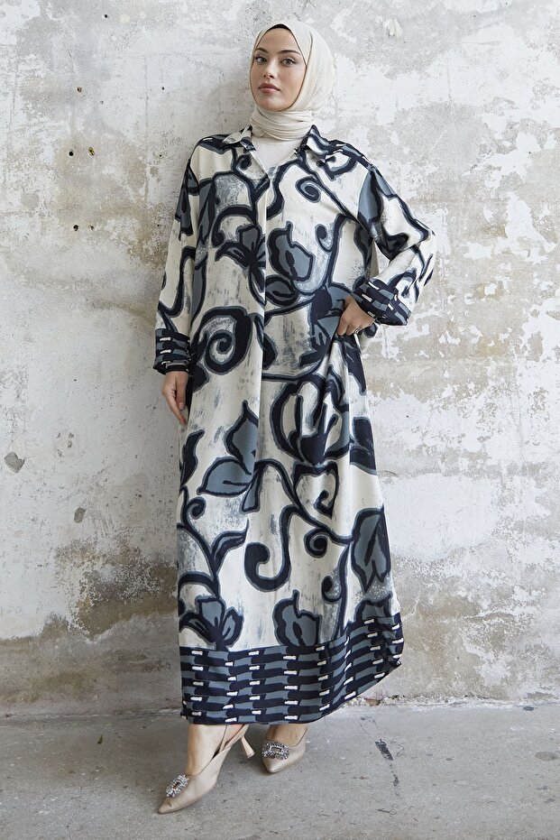 Shirt Collar Patterned Viscose Dress - Black