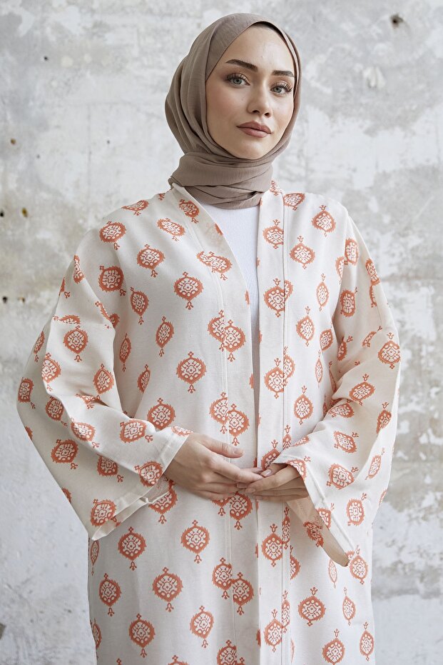 Ethnic Pattern Long Kimono - Orange - 2