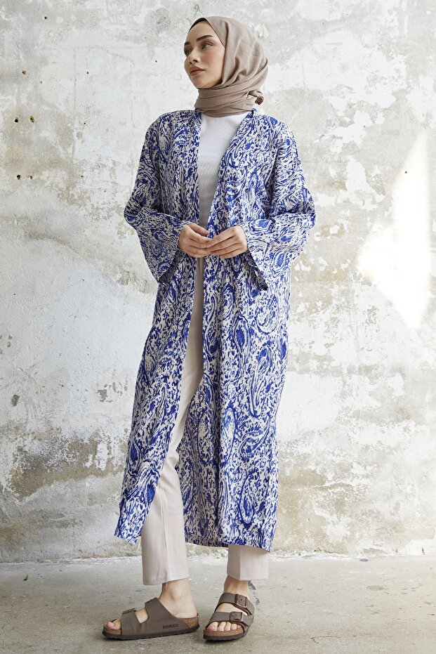 كيمونو طويل بنمط ملفوف - أزرق - 5