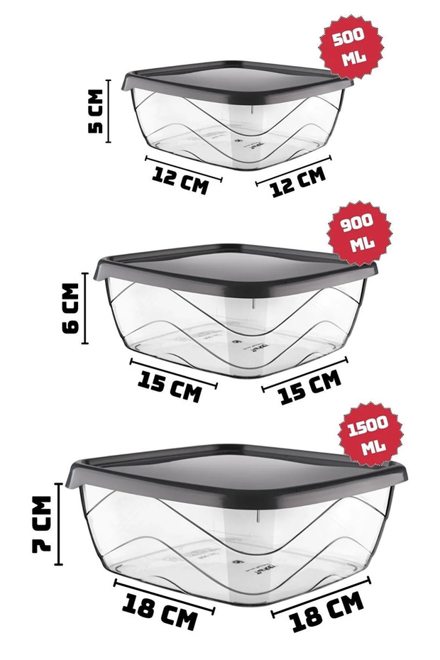 Square Storage Container Set of 3 - Suitable for Microwave/diffriz Use (500-900-1500) - 2