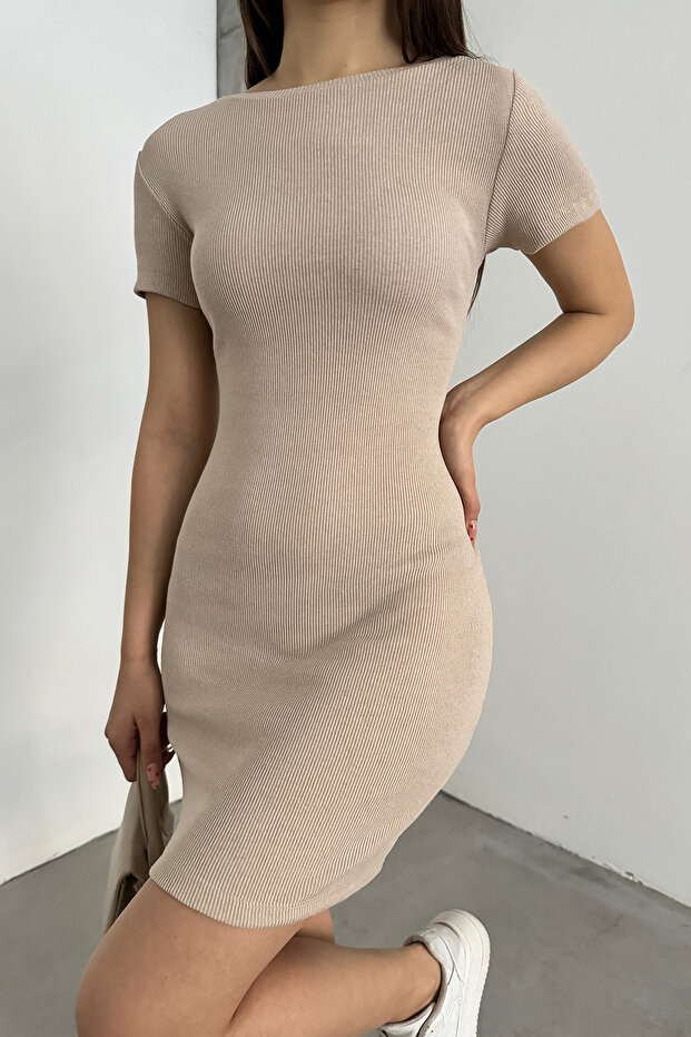 Fitted/vücuda Oturan Bisiklet Yaka Kısa Kollu Mini Elbise Bej - 1