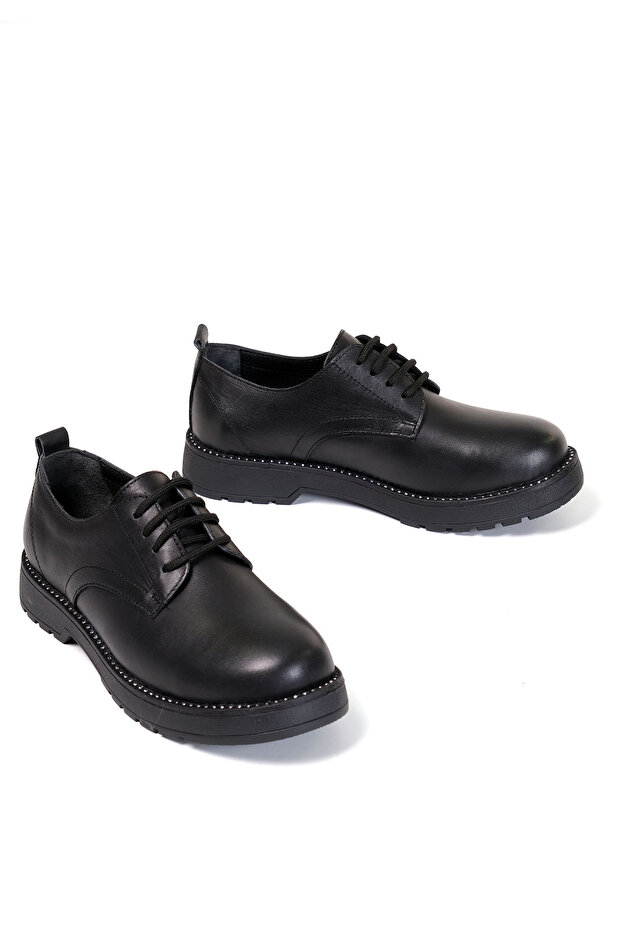 Women's Genuine Leather Loafer Shoes Laced Stone Detailed Sole