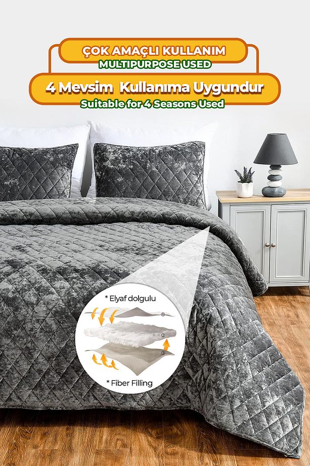 Kapitone Kadife Yatak Örtüsü Seti Tek Kişilik Supersoft 2 Parça Yumuşak Elyaf Dolgulu Antrasit - 4