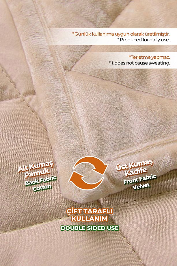 Kapitone Kadife Yatak Örtüsü Seti Tek Kişilik Supersoft 2 Parça Yumuşak Elyaf Dolgulu Çeyizlik Bej - 3