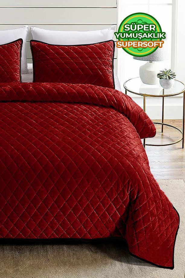 Kapitone Kadife Yatak Örtüsü Seti Tek Kişilik Supersoft 2 Parça Yumuşak Elyaf Dolgulu Kırmızı - 1