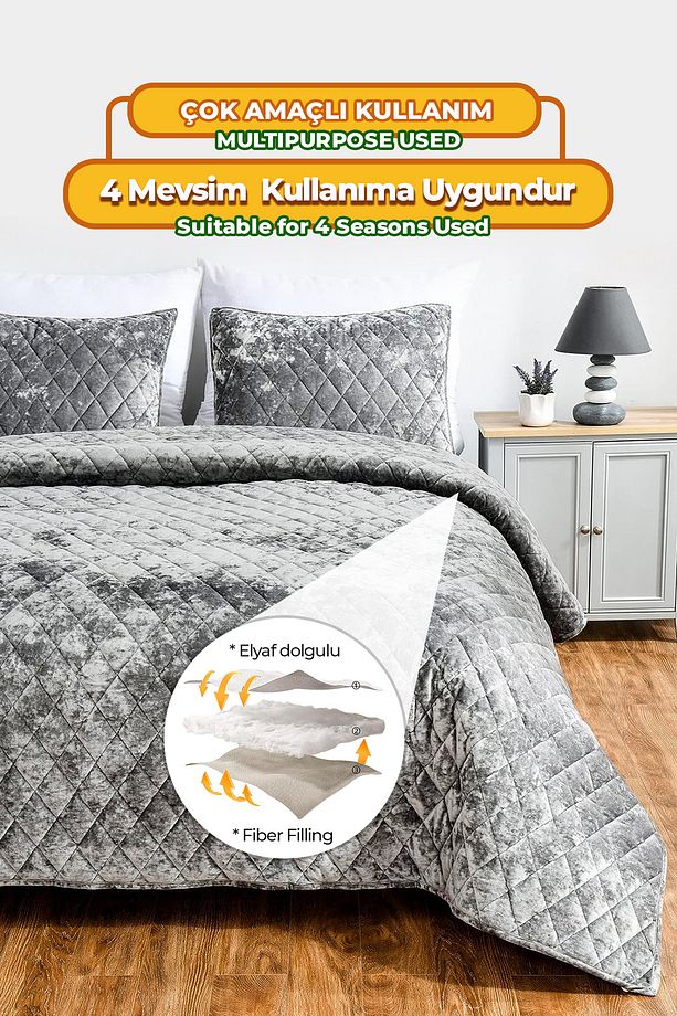 Kapitone Kadife Yatak Örtüsü Seti Tek Kişilik Supersoft 2 Parça Yumuşak Elyaf Dolgulu Çeyizlik Gri - 4
