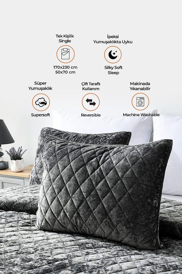 Kapitone Kadife Yatak Örtüsü Seti Tek Kişilik Supersoft 2 Parça Yumuşak Elyaf Dolgulu Antrasit - 3
