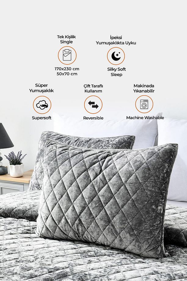 Kapitone Kadife Yatak Örtüsü Seti Tek Kişilik Supersoft 2 Parça Yumuşak Elyaf Dolgulu Çeyizlik Gri - 3