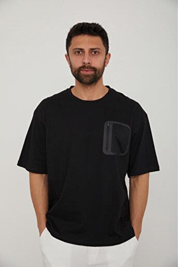 Black Oversize T-shirt with Zippered Pocket Detail