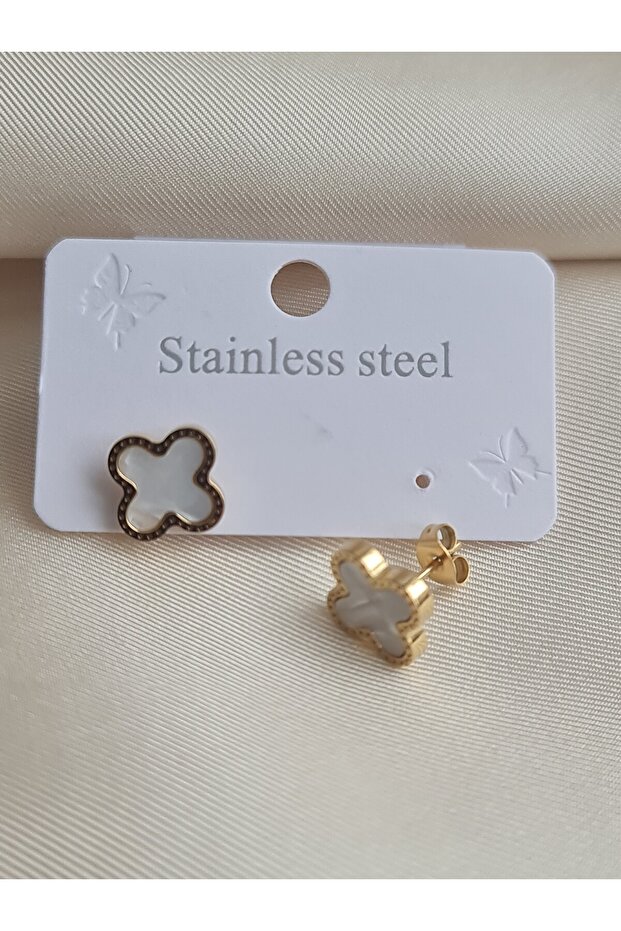 Sedefli Küçük Yonca Çelik Küpe - 2