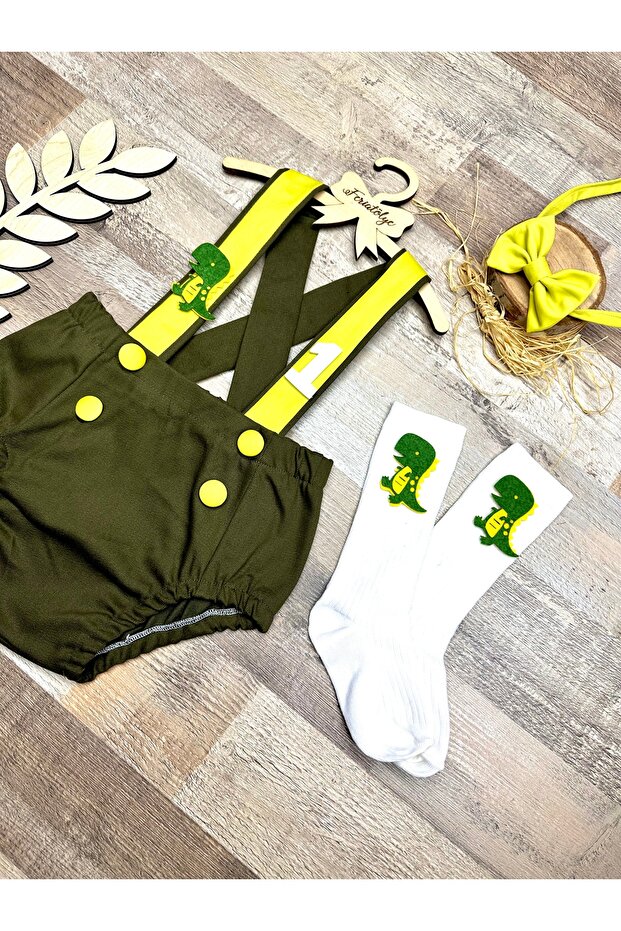 Dinosaur themed khaki light green romper baby boy birthday overalls