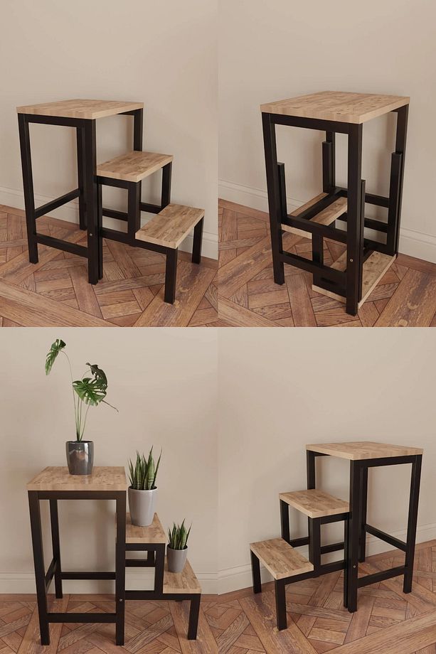 Katlanabillir Puf Bench Metal Ahşap Basamaklı Tabure Merdiven Çiçeklik Çok Amaçlı Tabure - 1