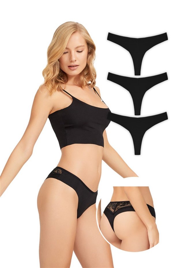 Laser Cut Lace Detailed Women's Brazilian 3-Pack Panties - 2