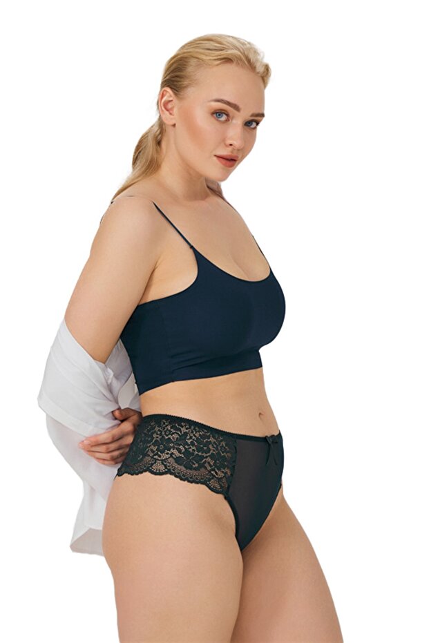 Tenan Green Lace Tulle Detailed Plus Size Brazilian Panties