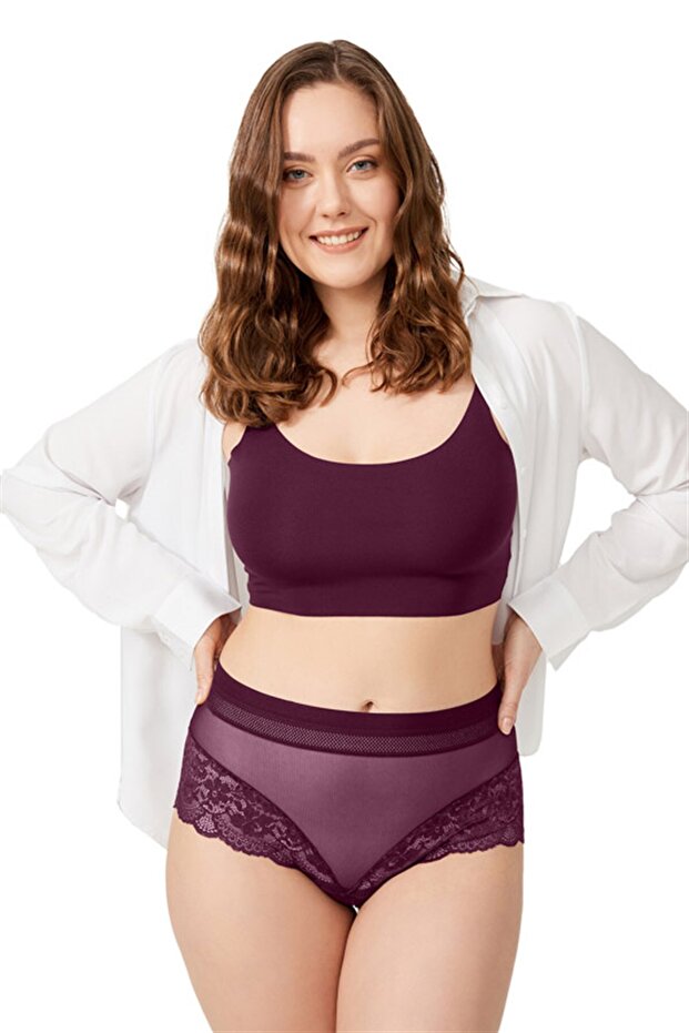 Plum Lace Detailed Transparent Large Size Bikini Panties
