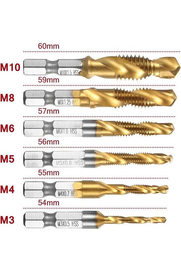 Klavuz Seti 1/4 Bıts Kendinden Matkap Uçlu M3 M4 M5 M6 M8 M10 titanyum Ahşap metal  matkap uçlu - 8