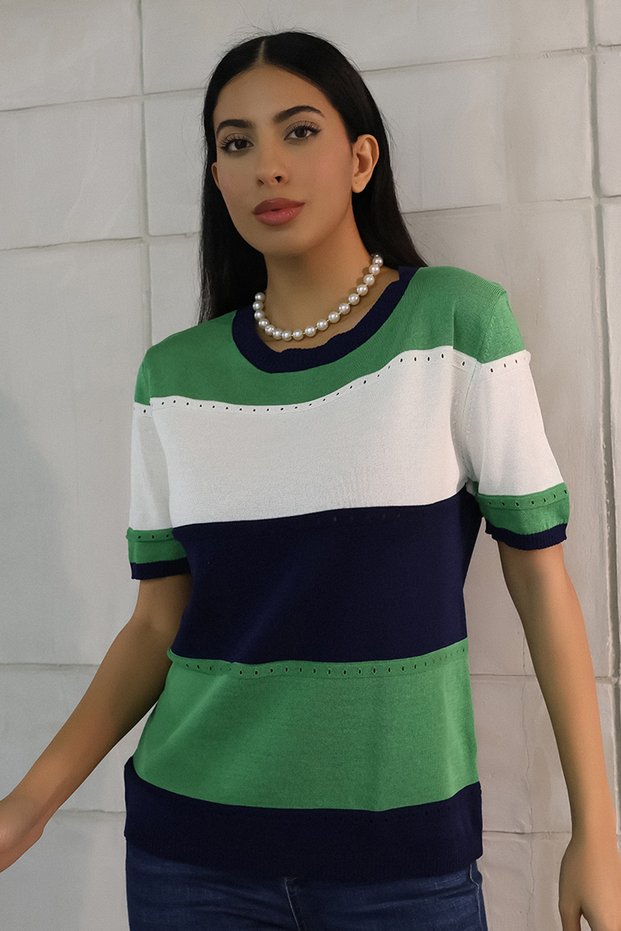 Bicycle Round Neck Short Sleeve Openwork Hollowed Color Block Summer Stretchy Knitwear Blouse